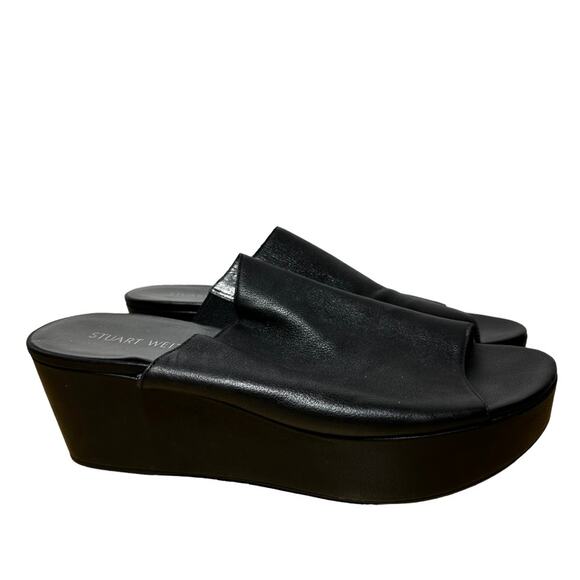 Stuart Weitzman Muletrain Wedge Sandals Leather Platform Wide Strap Black 9M - Picture 3 of 8